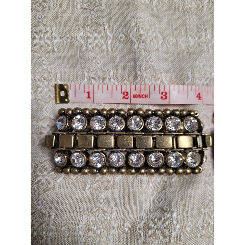 Marlyn Schiff Antique Gold Tone Clear Crystal Stretch Cuff Bracelet Statement - Picture 3 of 4